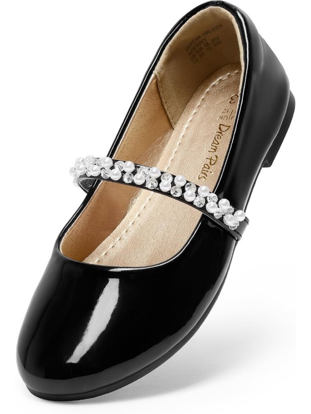 Dream Pairs Women's Black Pat Round Toe Pearl Straps Mary Jane Ballet Flats